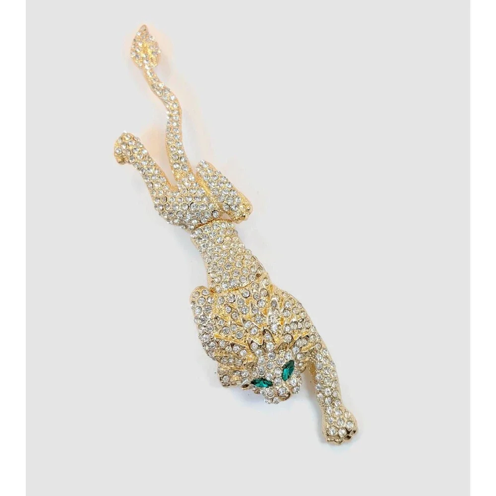 Vintage Shoulder Brooch, Lion, Tiger, Leopard, Rhinestones, Gold Tone, 6